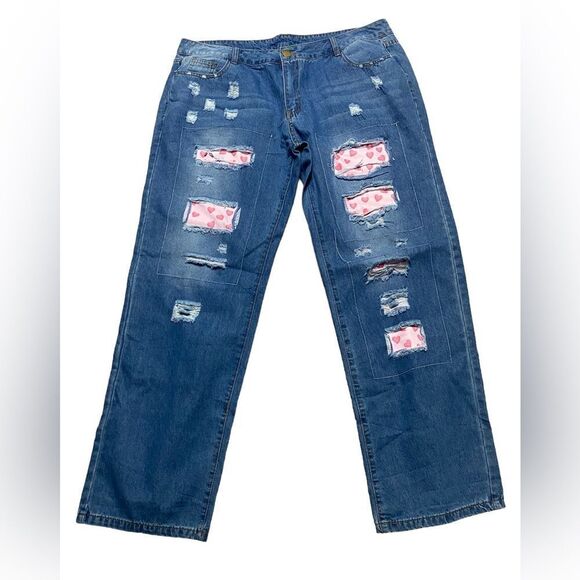 Floral Blooming Wm’s Sz 2XL Blue Distressed Heart Patchwork Wide Leg Jeans - Picture 1 of 4